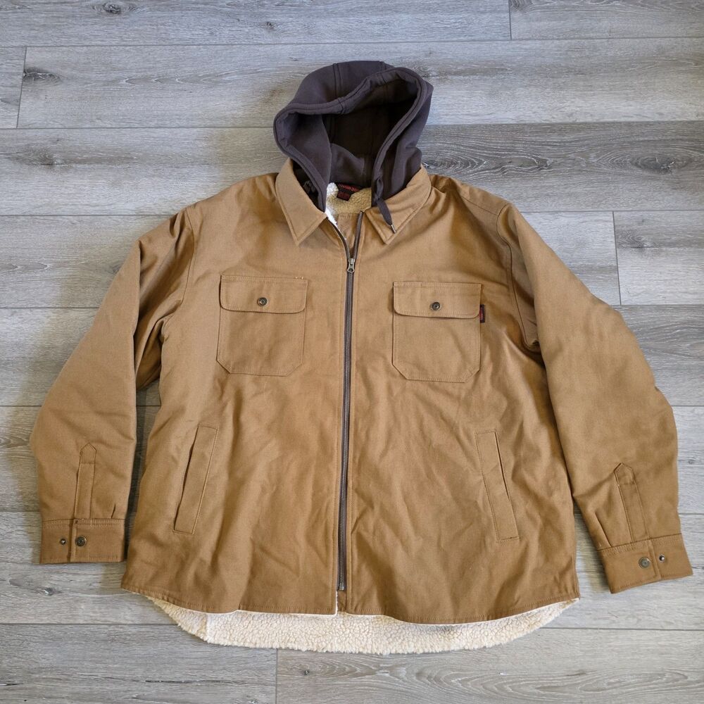 Tough Duck Brown Sherpa Lined Hooded Full Zip Canvas Jacket Chore Work NEW 3XL